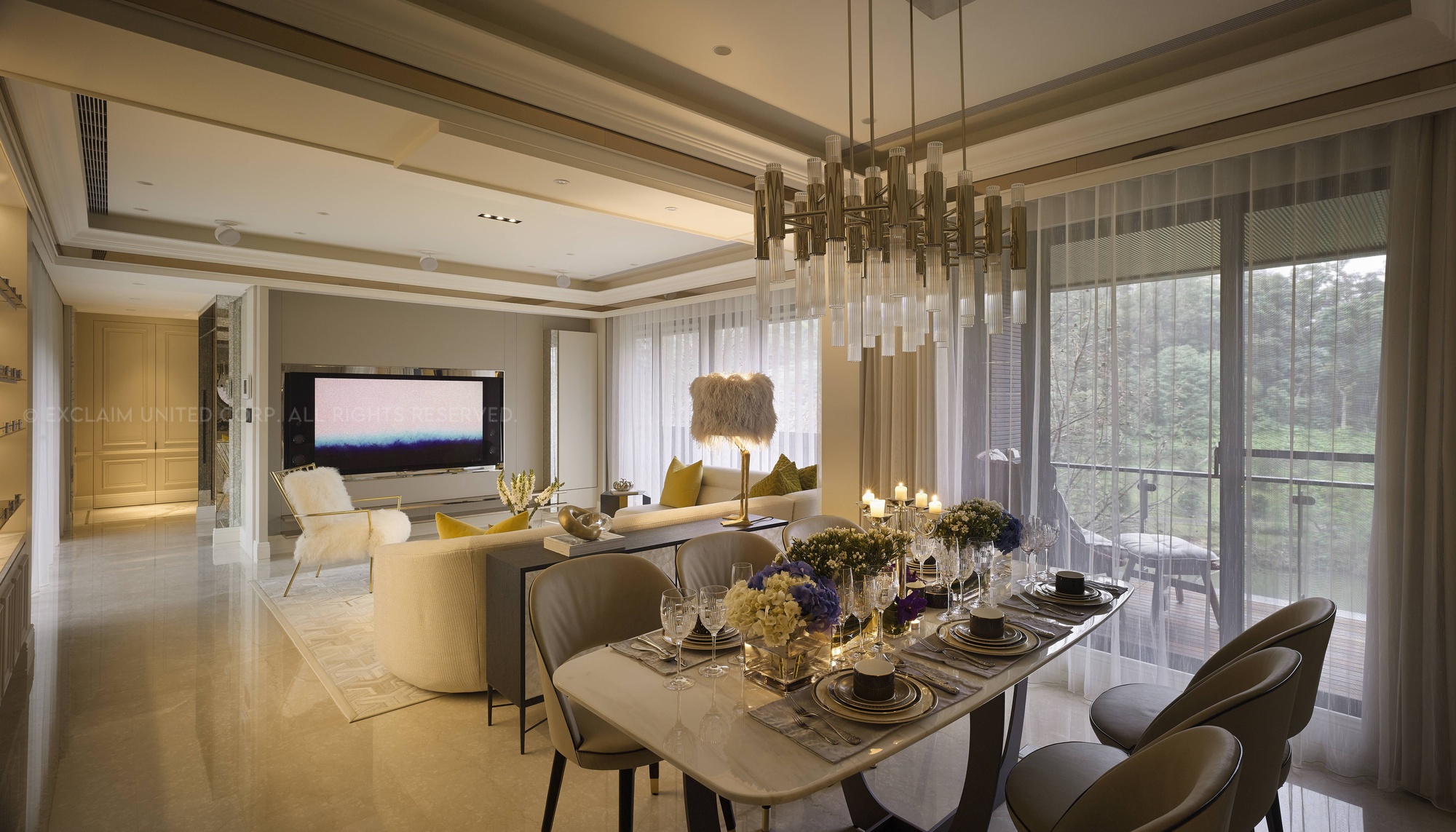 Continuing the journey of color and artful forms, from the main living area one’s eye is drawn to the beautiful blooming art in the hallway.